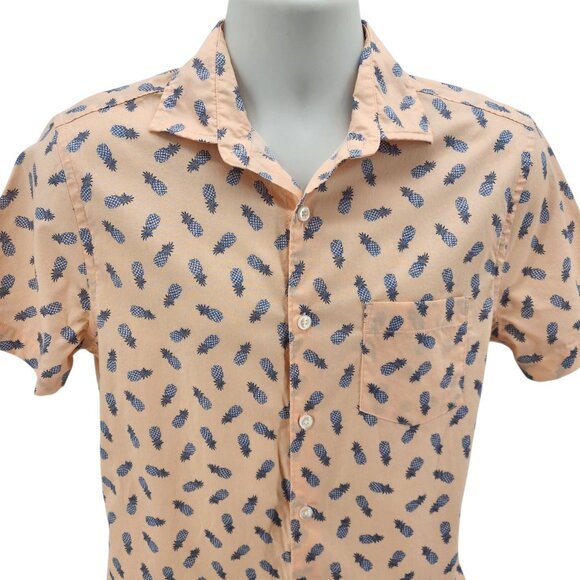 Express Mens Small Shirt Slim Soft Wash Pineapple Peach Blue Button Tropical - Picture 2 of 9